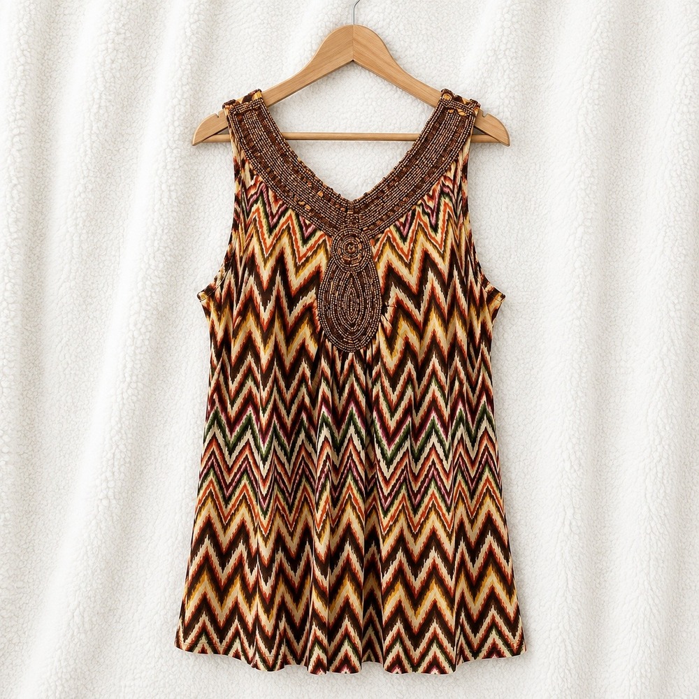 Dressbarn Womens M Chevron Beaded‎ Tank Top Boho Abstract Sleeveless Multicolor
